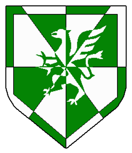 Gyronny Vert and Argent, a Griffin Segreant within a Bordure counterchanged